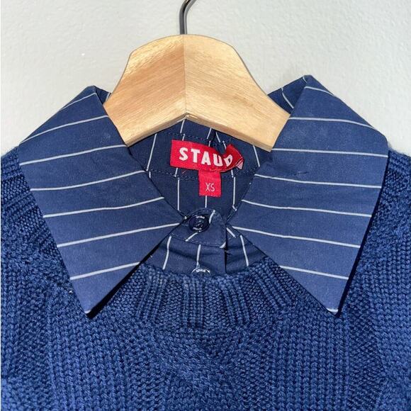 Staud Aldrin Cable Knit Mixed Media Sweater Mini Dress Navy Blue Size XS - Picture 4 of 9